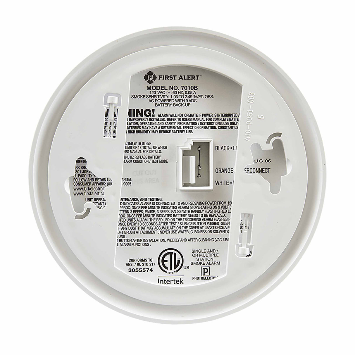 7010B Hardwired Photoelectric Smoke Alarm with Battery Backup - Back