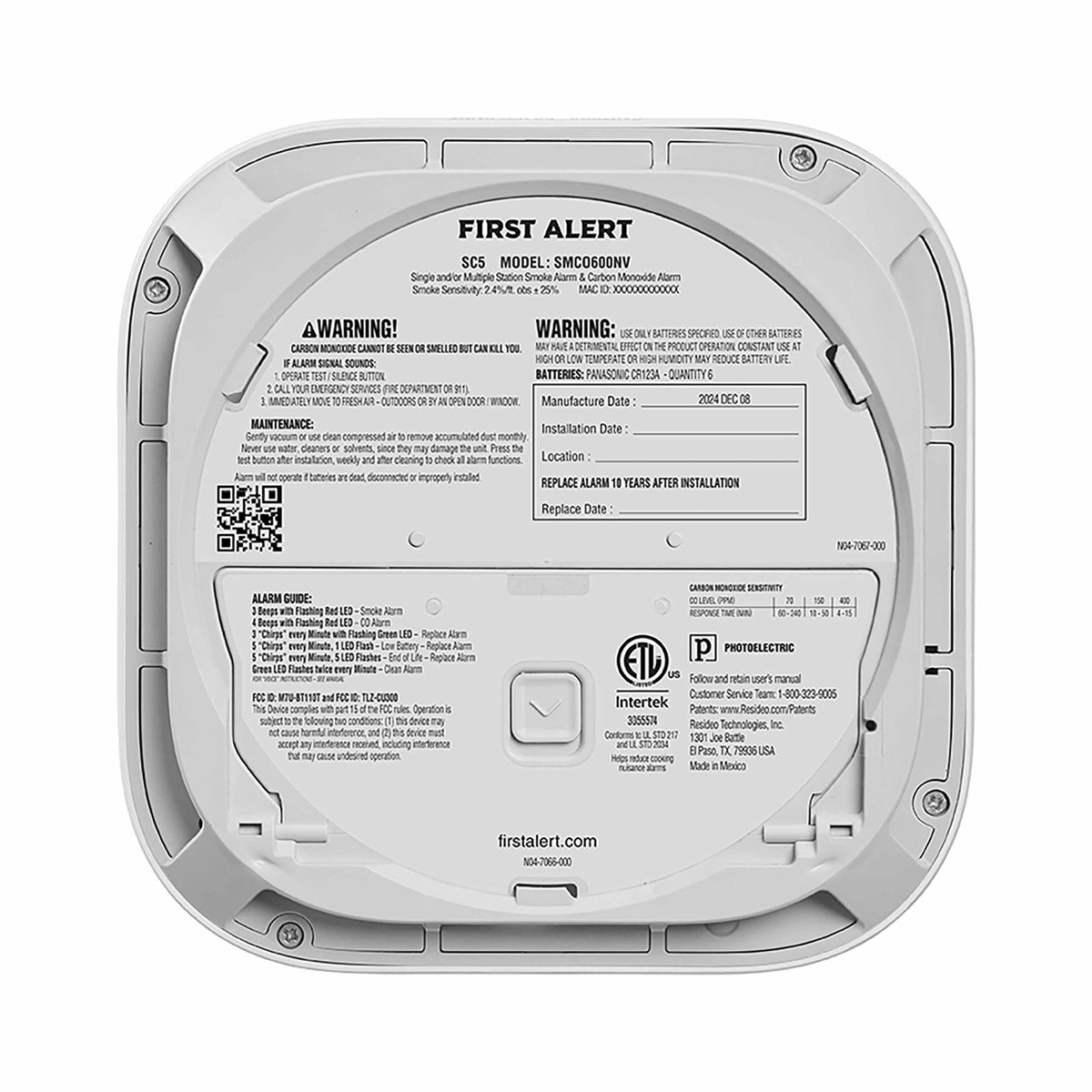 SC5 Battery Smart Smoke Carbon Monoxide Alarm Back
