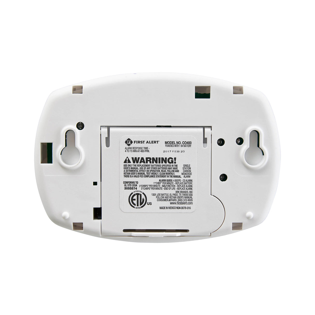 CO400 Back - Carbon Monoxide Alarm - Battery Powered