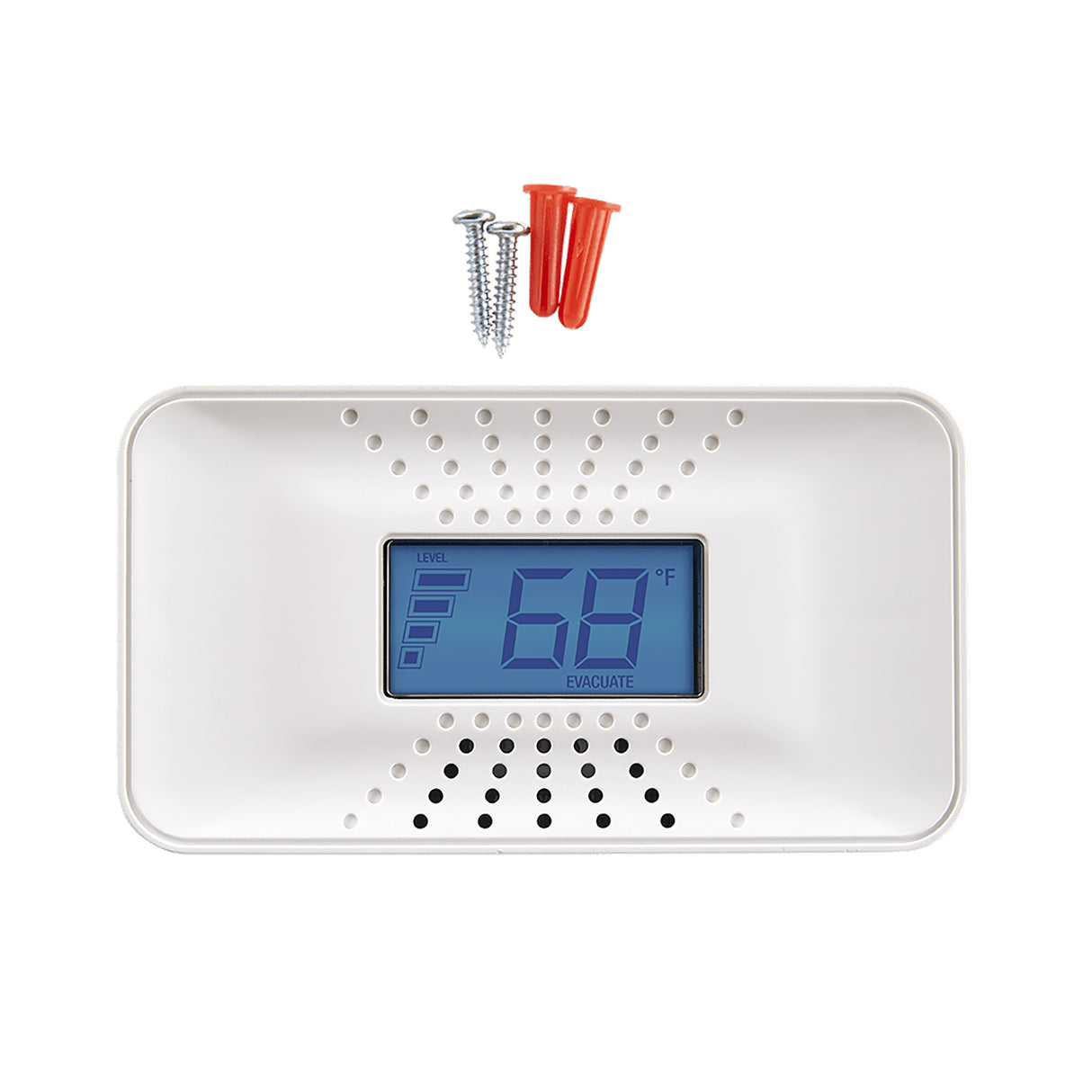 Carbon Monoxide Alarm front view with anchors and screws