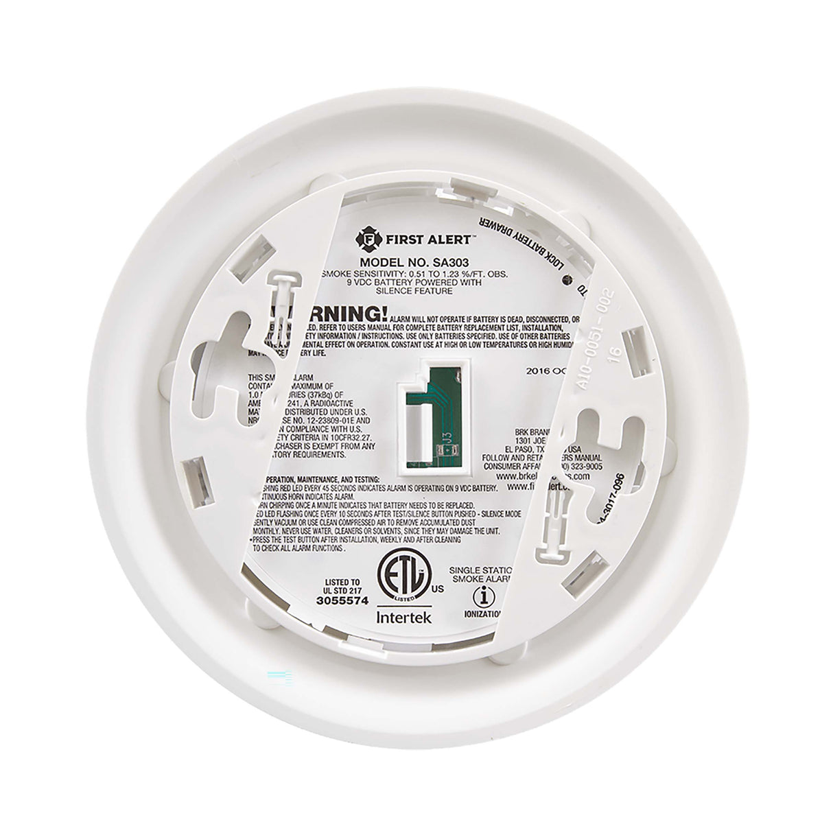 SA303CN-1 Ionization Smoke Alarm - Back