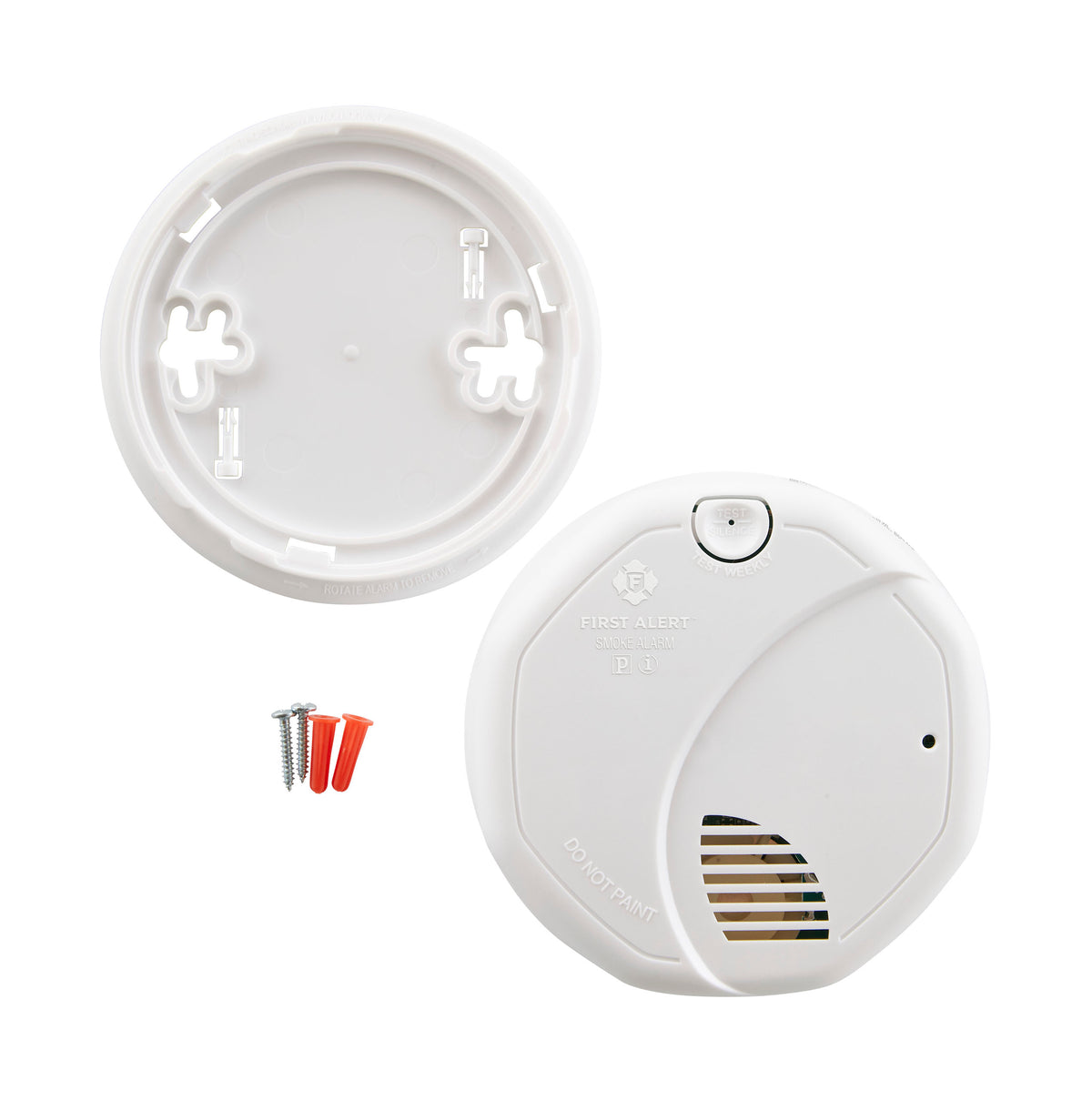 Smoke Alarm with mounting plate, anchors, and screws