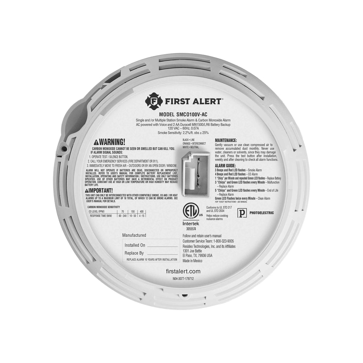 Interconnect Hardwire Smoke and CO Alarm with Battery Backup and Voice