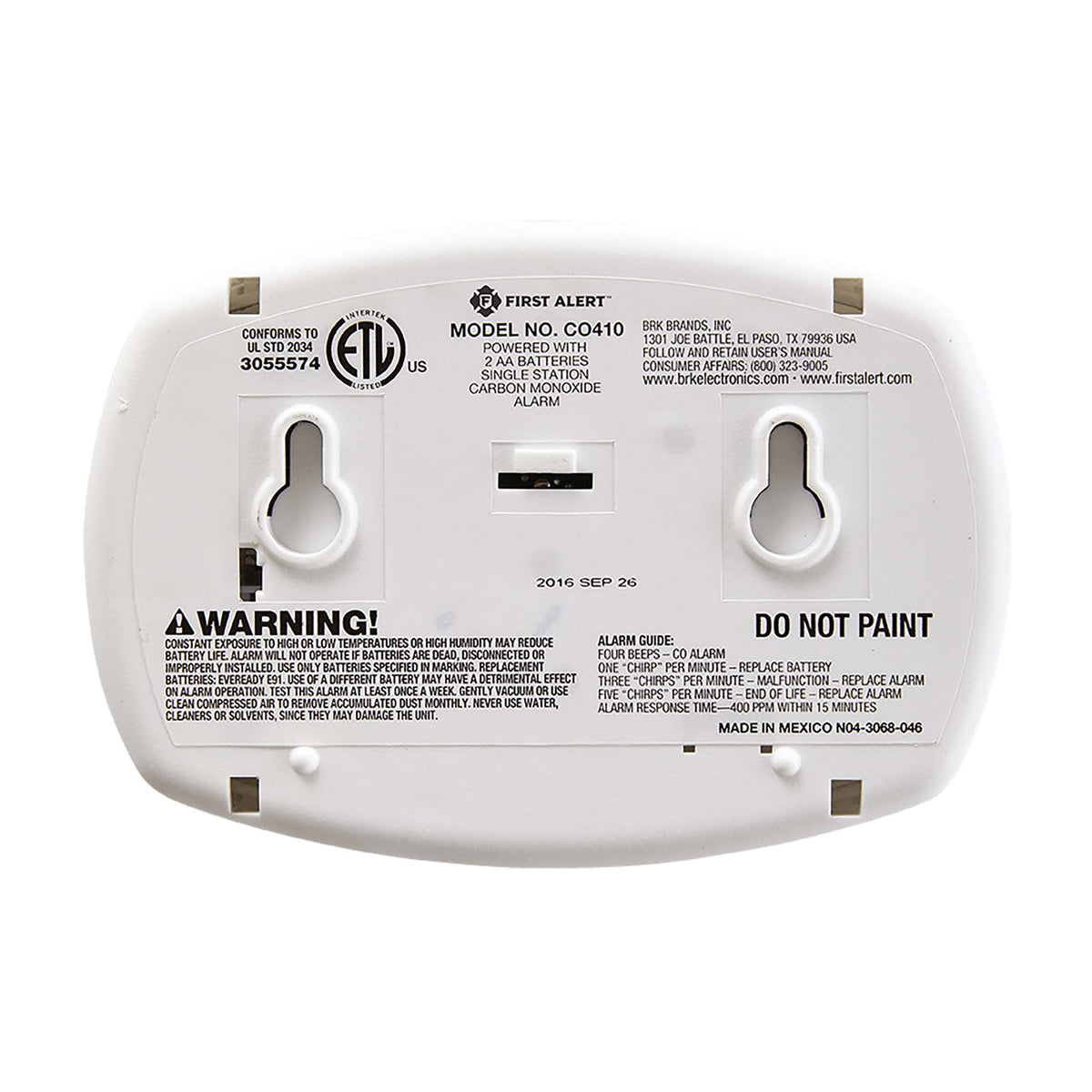 CO410 Battery Operated Carbon Monoxide Alarm with Backlit Digital Display - Back