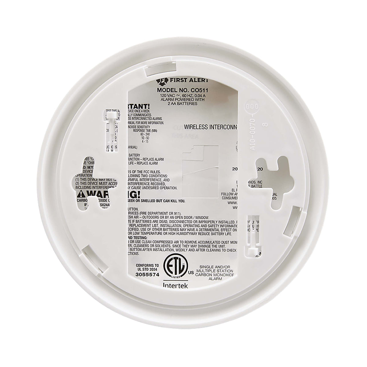 Carbon Monoxide Alarm back view with mounting bracket attached