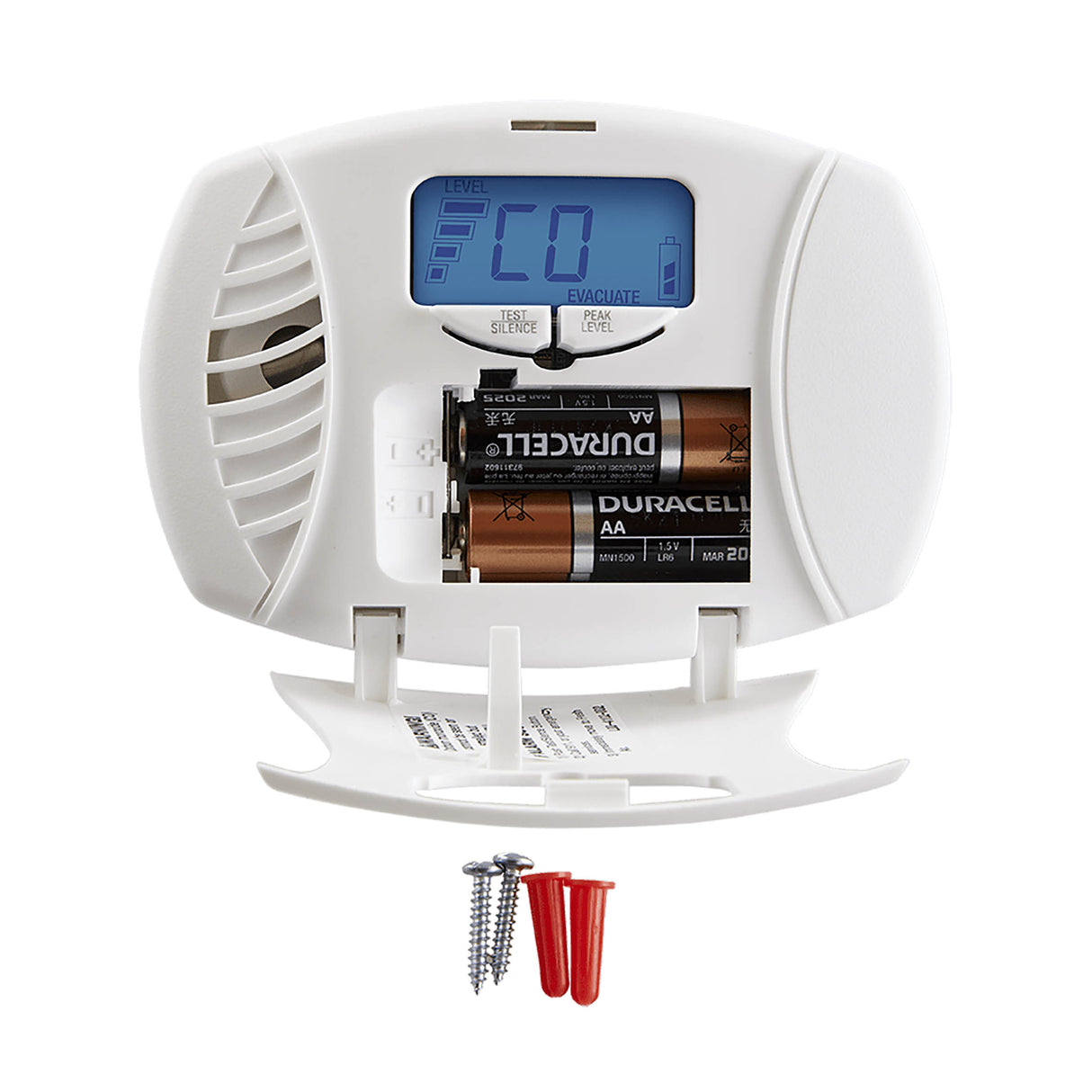 Carbon Monoxide Alarm, anchors and screws with open battery compartment