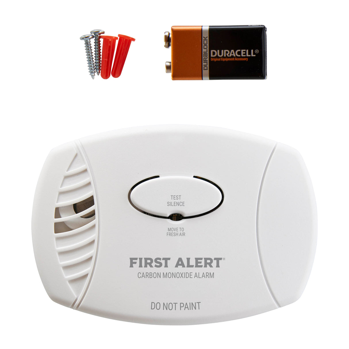 Front facing white CO7B01 Battery CO Alarm with accessories
