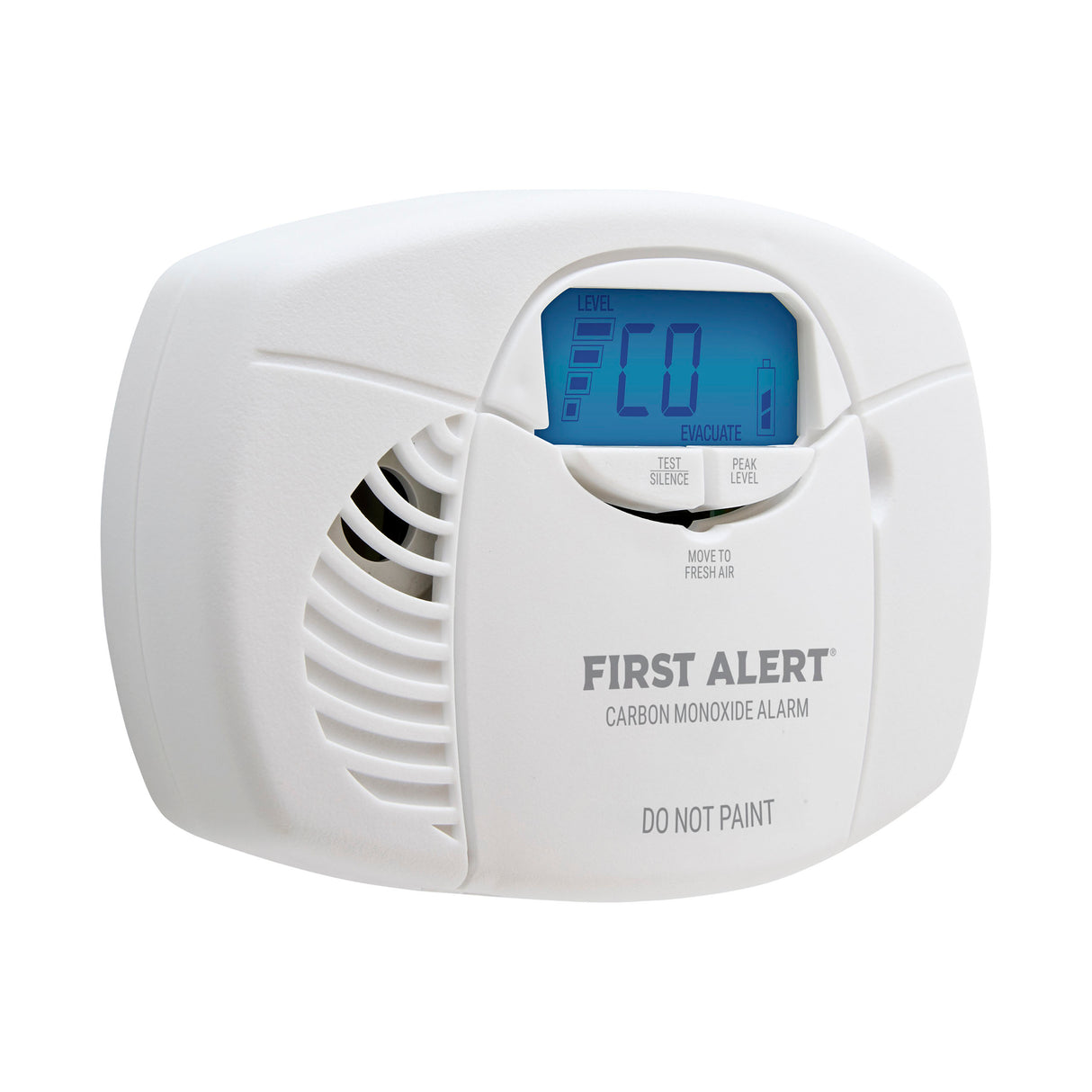 Facing right white CO7B01D Battery CO alarm with display
