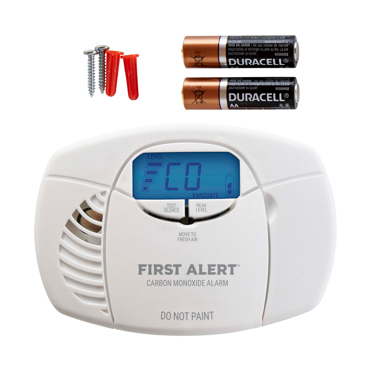 Front facing white CO7B01D Battery CO Alarm with display and accessories