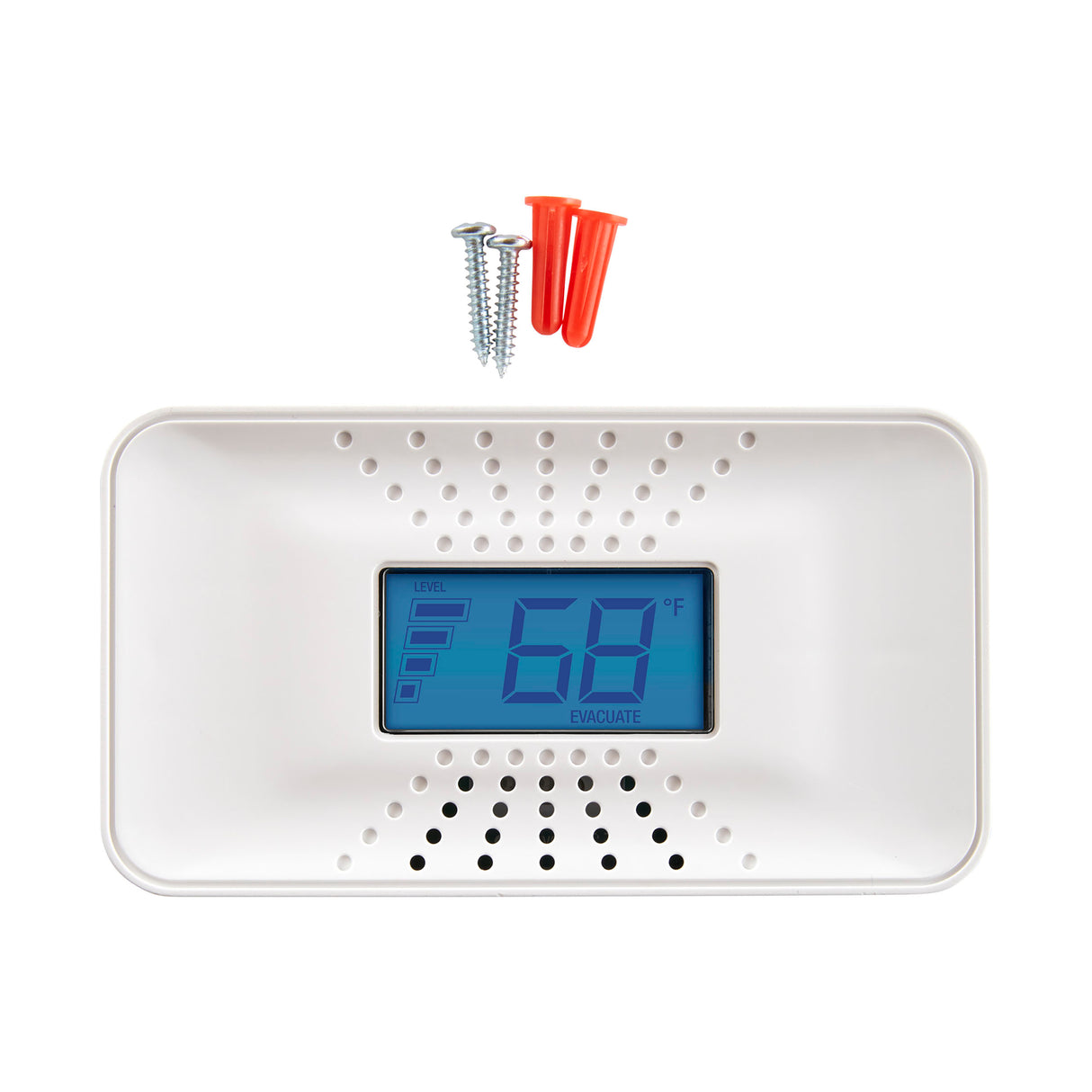 Front facing CO9B10D Battery CO Alarm - fahrenheit with accessories