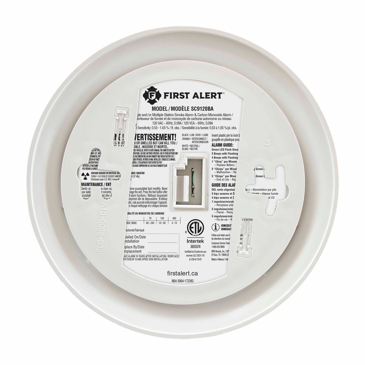 SC9120BA Back Combo Smoke & CO Alarm w/replaceable battery backup. Canada