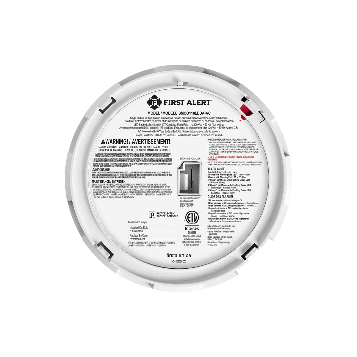 Back view of Hardwire Smoke & CO Alarm with LED Strobe