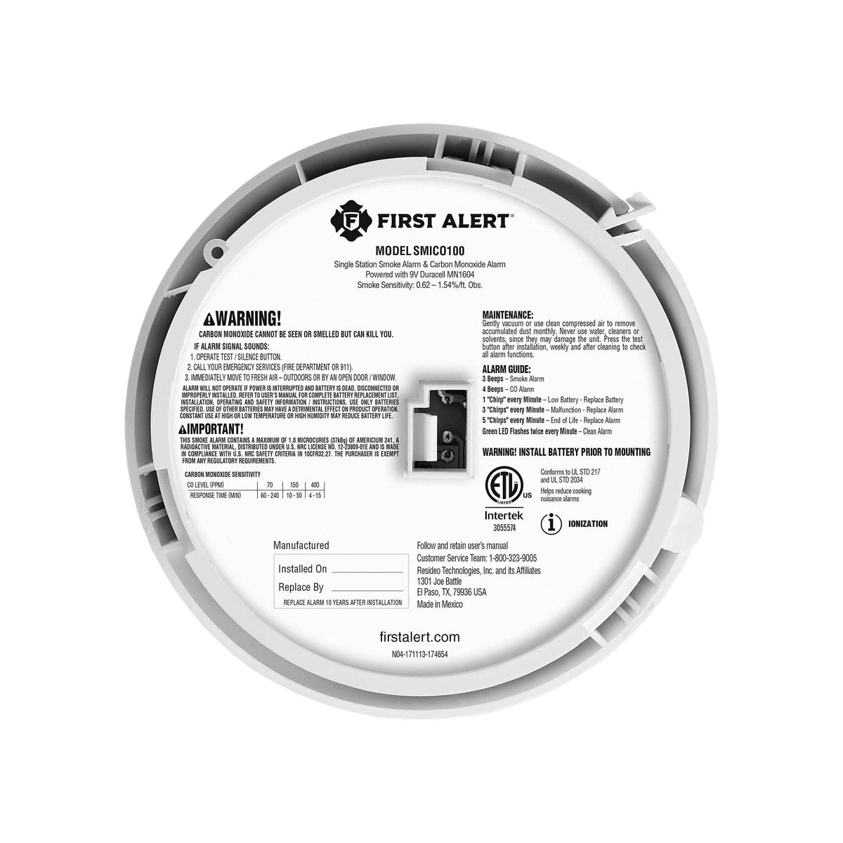 Smoke and Carbon Monoxide Alarm back view