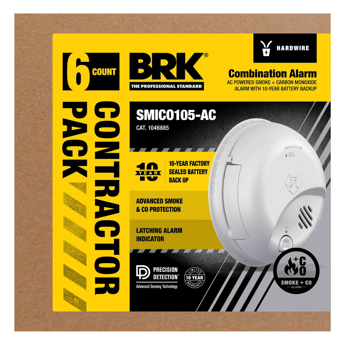 Smoke and CO Alarm front view of package 6 pack